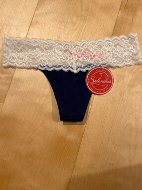 Splendies Women's Navy Thong with White Lace Waistband